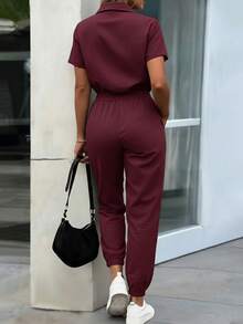 EMERY ROSE 女式优雅纽扣装饰口袋宽松衬衫和锥形及踝长连体裤，春夏 - 酒紅色 - 查看 2