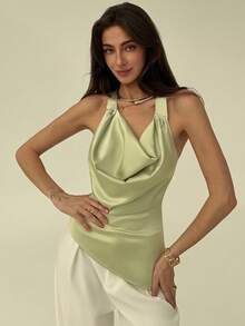 Aloruh Áo ba lỗ nữ satin cổ cao viền bất đối xứng màu xanh lá cây nhạt tối giản - màu xanh lá - Xem 1