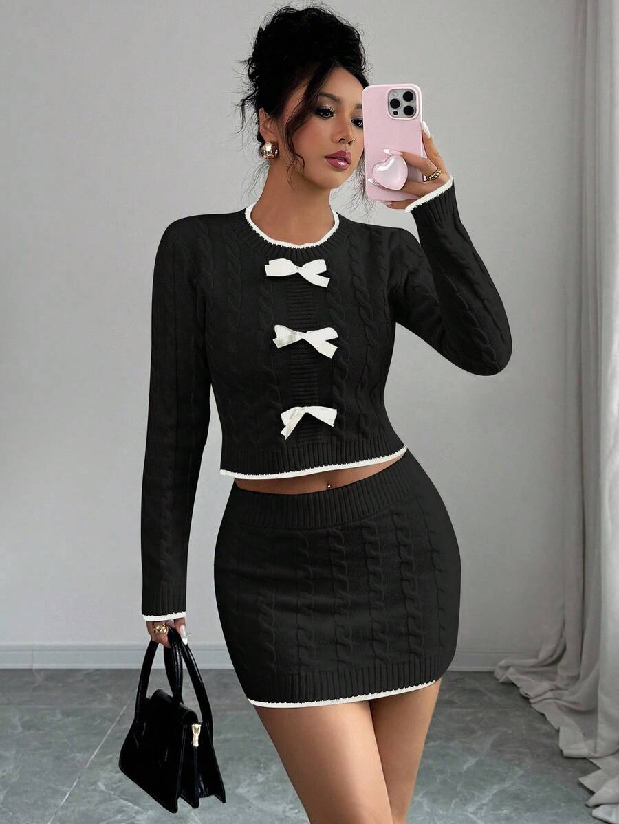 Elenzga Set de 2 piezas de suéter elegante con ribete de contraste de cable trenzado y falda ajustado para mujer en otoño/invierno - Negro - Ver 1