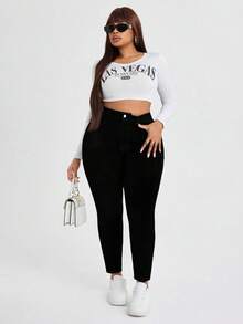 SHEIN SXY 大码休闲纯色修身牛仔裤 - 黑色 - 查看 6