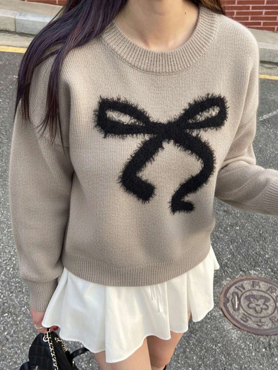 SHEIN Teen Girl Solid Color Round Neck Bow Knit Sweater, Casual Everyday Wear, Autumn/Winter - Apricot - View 1
