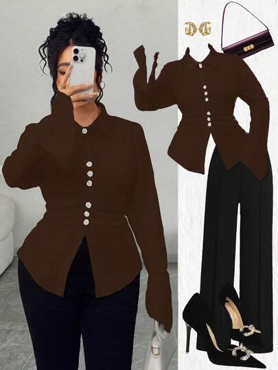 SHEIN Elenzya Women's Solid Color Pearl Button Decor Pleated Long Sleeve Blouse