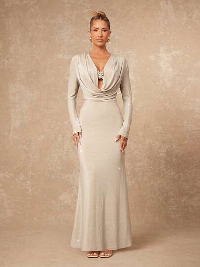 Lumalex VITNOS Luxury Women's Champagne Gold Metallic Shimmer Draped Cowl-Neck Long-Sleeve Sculpted Maxi Evening Gown With Statement Ring Hardware, Holiday Dress, Vacation Holiday Season Special Outfits, Elegant Dress For Parties,  Spring Dresses For Women, Formal Dress, Glamour Elegant Dress,  New Style Women, Luxury Dresses, Prom Gathering Party Banquet Modest Old Money Coquette Holiday Party Rave Festival Outing Vacation Hot Outdoor Richly Layered Wedding Season Banquet Christmas New Year Looks Of Party Valentine's Day Dress