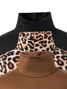 3pcs/Set Tween Girls Casual Cat Print Turtleneck Long Sleeve T-Shirts - Brown - View 3