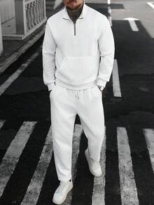 Manfinity Homme Casual Knit Small Checkered Pants With Tie-Front Sweatshirt Set Sporty Business Two Pieces Knitted Set Casual Two Pieces Set Men Track Suit White 2 Pieces Outfits White Men White 2 Pieces Pants Set - White - View 4