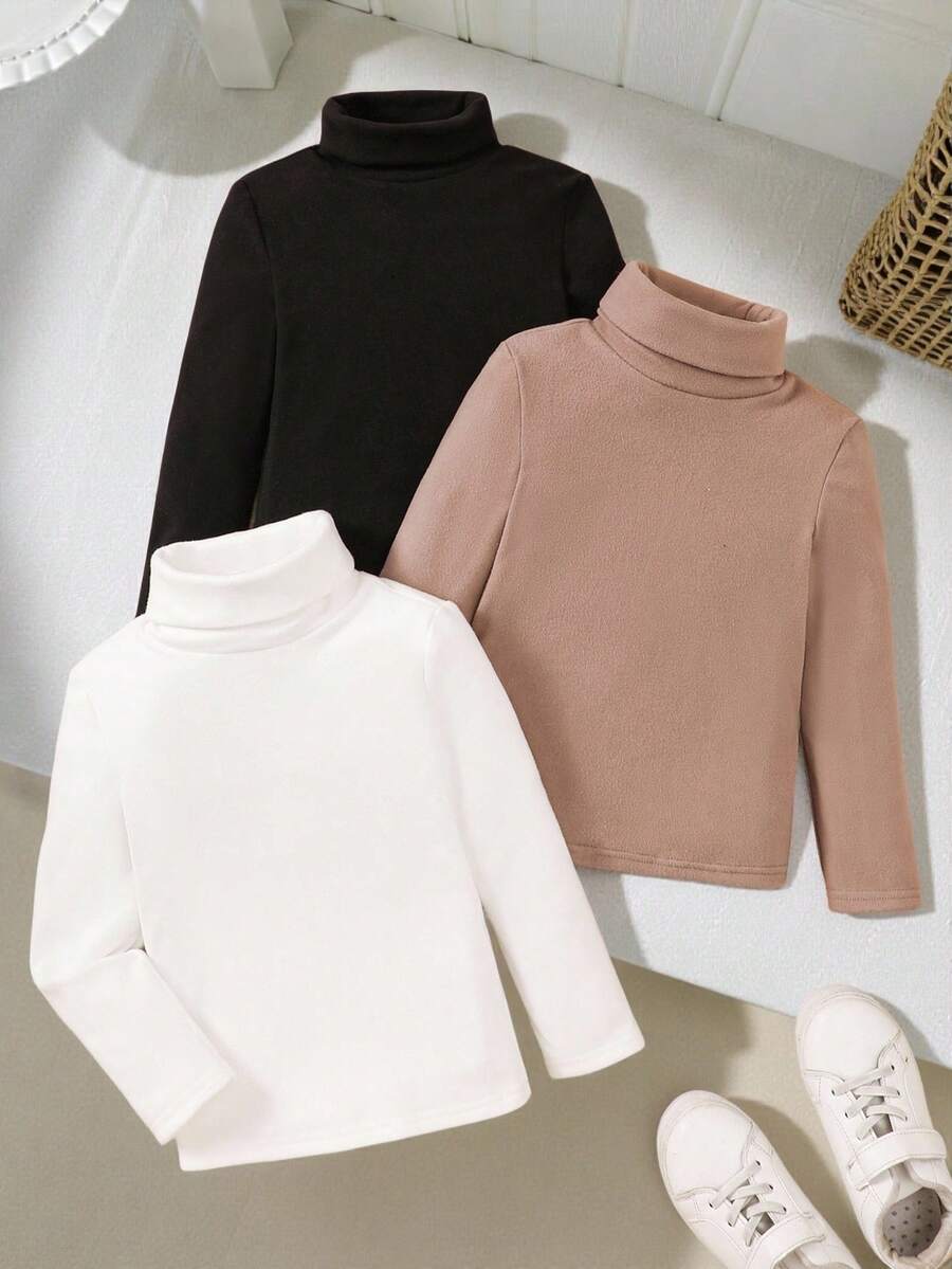 SHEIN 3件套女童高弹力领打底衫,适合日常休闲穿着,秋季款 - 彩色 - 查看 1