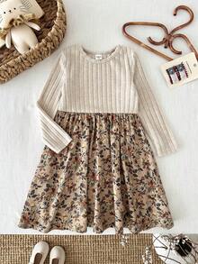 LMoss Kids LMoss 女童纯色针织圆领拼接花卉休闲连衣裙，长袖连衣裙，冬季连衣裙，秋季连衣裙，舒适的秋冬款式，姐妹装 - 彩色 - 查看 4