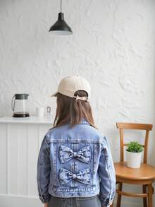 Elladie kids Young Girl' Denim Jacket And Coat, New Arrival. Casual Sweet Bow Decor Light Wash Blue Denim Jacket For Girls, Comfortable For Daily Activities And Outings. Suitable For Wearing In Winter And Spring.