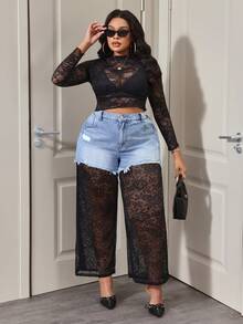 Slaydiva Quần jean ống rộng thời trang họa tiết hoa thêu túi cỡ lớn cho nữ - Màu xanh lam - Xem 5