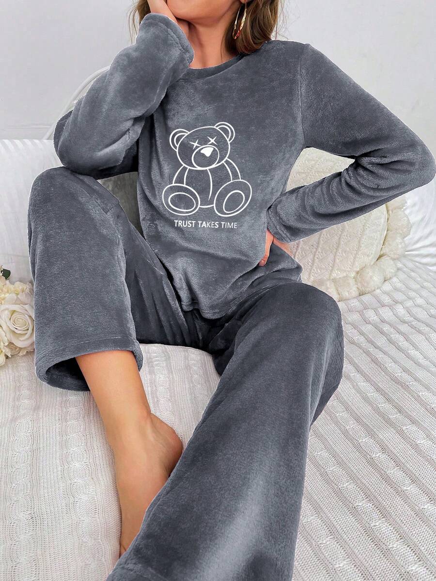 熊图案刺绣法兰绒长袖上衣和长裤睡衣套装，蓬松冬装 - 淺灰紫 - 查看 1