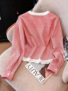SHEIN LUNE 条纹撞色休闲通勤简约风女式上衣 - 紅色 - 查看 2
