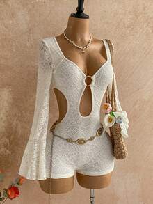 Soleia Bộ đồ liền thân ren gợi cảm cổ loe tay lỡ hở vai cho nữ - trắng - Xem 5