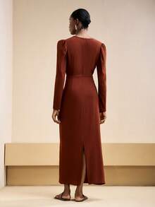 Zivah 2025 Autumn New Arrival Daily Commute Casual High-End Elegant Minimalist Streetwear Style Gigot Sleeve V-Neck Pocket Pleated Design H-Line Brown V-Neck Long Dress - Rust Brown - View 6
