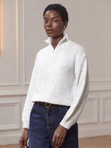 lacRébo White Loose-Fit Knit Sweater With High Neck, Front Zip, And Colorful Sequin Details White Winter Jumper Going Out Party New Year - White - View 3