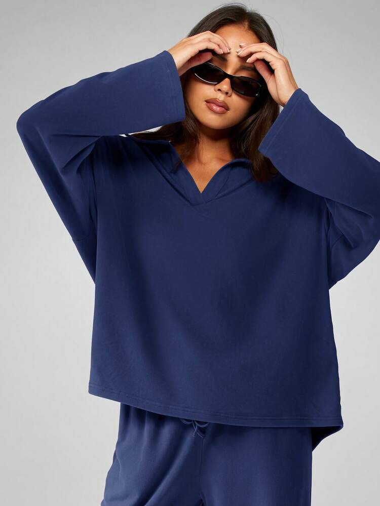 MISSGUIDED 여성을 위한 소프트 터치 Co Ord 세트 편안한 핏 V넥 상의 와이드 레그 팬츠 라운지 웨어 캐주얼 의상