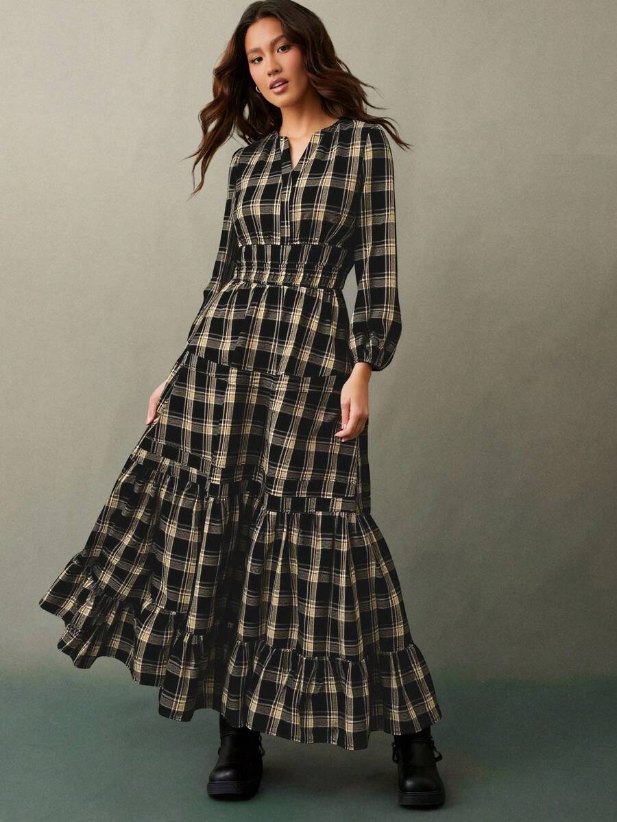 WESTFADE Váy Maxi Tay Dài Xếp Tầng Cổ Chữ V Họa Tiết Kẻ Sọc Phương Tây Có Túi Nashville Outfits Nữ Phong Cách Phương Tây - màu đen - Xem 1