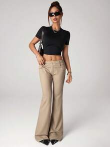 SHEIN ICON Casual Striped Low-Waist Pocket Skinny Flare Pants Striped Pants Women Bell Bottom Pants - Brown - View 4