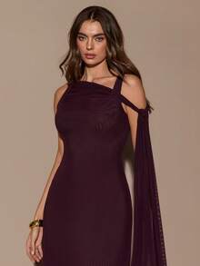 SHEIN BAE Women's Burgundy Asymmetrical Off-Shoulder Shawl Maxi Dress, Summer Dress,Valentine's Day,Elegant Dress,Wedding Guest Dress,Red Dress - Burgundy - View 4