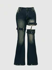 ROMWE Grunge Punk Plus Size Vintage Washed Hollow Out Sexy Flare Jeans - Blue - View 1