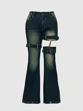Grunge Punk Jeans a zampa vintage lavati e traforati di taglia curvy