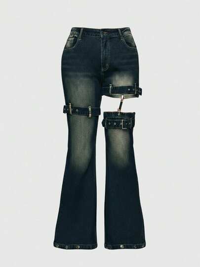 Grunge Punk Vintage gewaschene Jeans in Große Größen mit Cut-Out-Muster und Weitung
