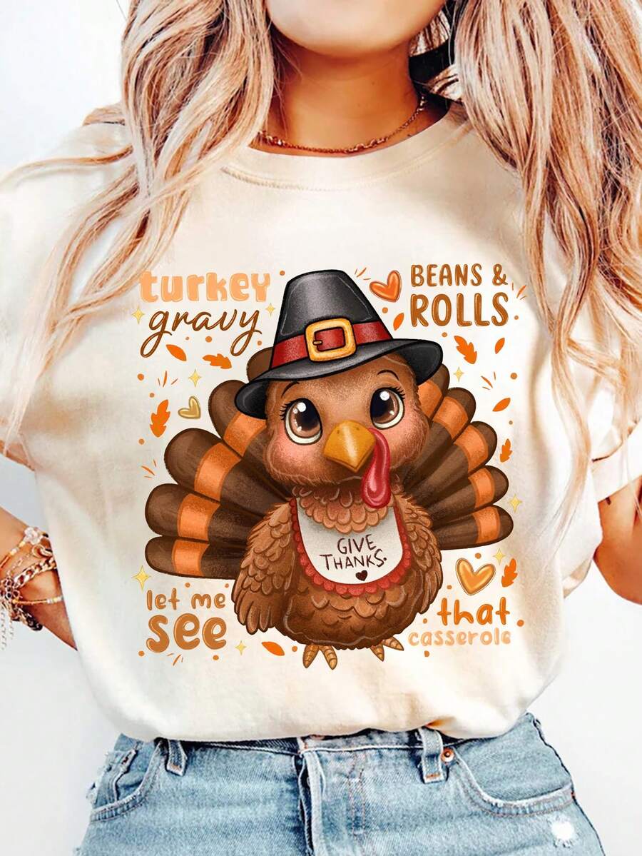 EMERY ROSE Women's Casual Turkey Print Round Neck Short Sleeve T-Shirt, Thanksgiving Theme - Apricot - View 1