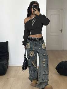 Coolane 女士秋冬街头风外出基本款露肩短款长袖灰色卫衣 - 深灰色 - 查看 2