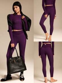 GLOWMODE Quần legging FeatherFit™ 24 inch, mềm mại, co giãn, có đường may chia đôi, thích hợp cho yoga, pilates, tập luyện nhẹ nhàng, mặc hàng ngày, mùa xuân hè. - Bold Plum - Xem 8