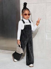 SHEIN Young Girl' Navy Blue Denim Bib Pants - Black - View 4