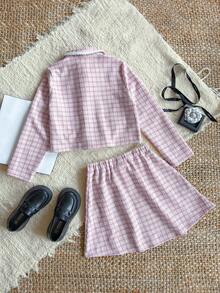 PrepCrw 2pcs Tween Girls Elegant School Style Casual Urban White Trim Pearl Button Pink Plaid Jacket And Skirt Set, Suitable For Home, Daily Wear, Christmas, Festivals, Autumn/Winter  Skirt And Jacket Set Tweed Set Pink Tweed Outfit Tweed Skirt Set Preppy Two Piece Set,Fall Girls Tweed Outfit Pink Tweed Set Gingham Set Girld Outfit Set Aesthetic Preppy Clothes For Girls 12,Holiday , Christmas