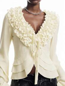 LYSMO 2025 Autumn New Simple Women's Cream Yellow Multi-Layer Ruffle Front Tie Long Sleeve Fashion Shirt Long Sleeve Ruffle Top Cream Blouse Ruffle Blouse - Beige - View 3