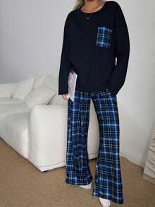 女士休闲宽松格子印花圆领睡衣套装，秋冬服装 - 藍色 - 查看 5