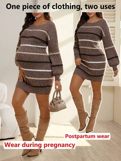 SHEIN Maternity Striped Round Neck Drop Shoulder Long Sleeve Casual Knit Dress