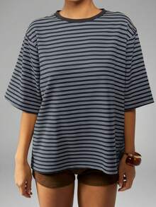 MISSGUIDED Oversized Striped T-Shirt For Women Casual Loose Fit Short Sleeve Top Summer Spring Everyday Wear - Navy Blue - View 6