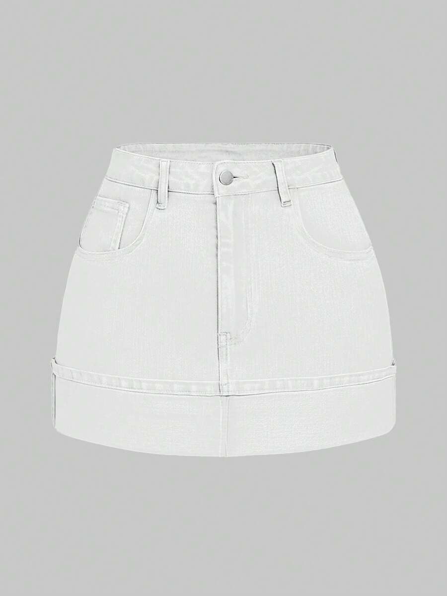 SHEIN MOD 女士休闲百搭带口袋修身牛仔裙 - 白色 - 查看 1