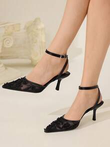 CUCCOO CHICEST 黑珍珠刺绣网眼透气性感优雅派对宴会踝带尖头高跟女鞋 - 黑色 - 查看 3