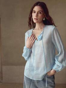 MOTF PREMIUM LINEN SOLID STEREO FLOWER TIE NECK LANTERN SLEEVE BLOUSE