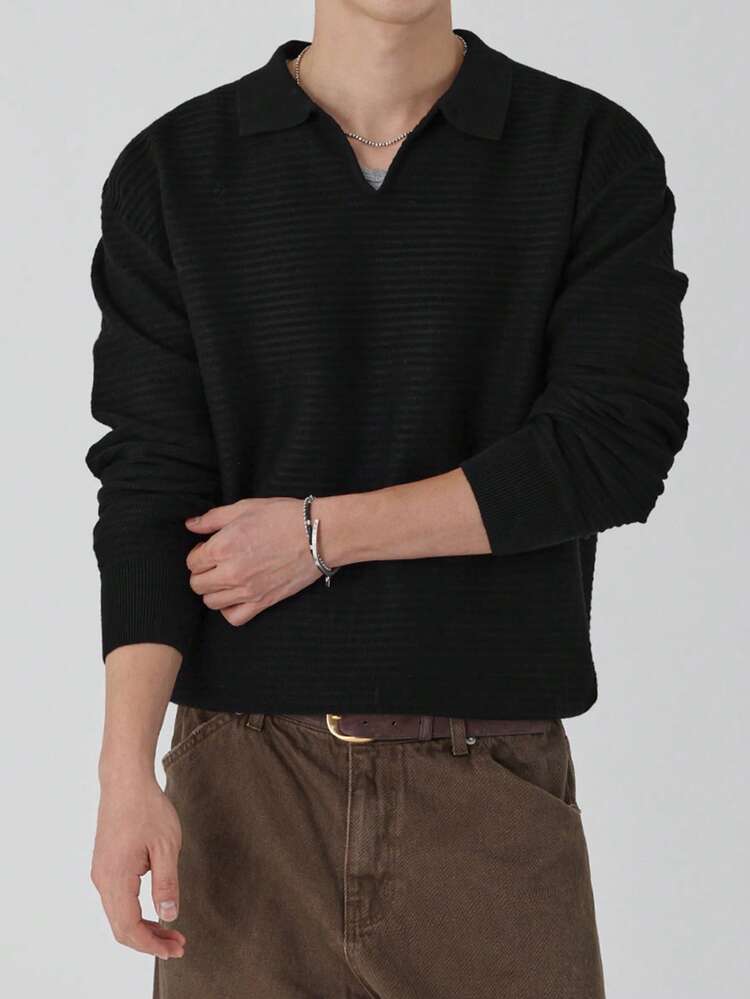 Men's Striped Textured Black Polo Neck Sweater, Autumn/Winter