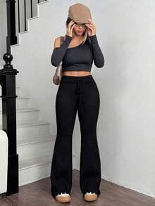 SHEIN EZwear Quần len ống loe thắt nút trơn màu cho nữ mùa thu/đông - màu đen - Xem 3