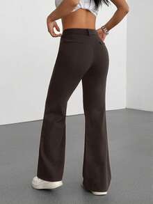 SHEIN Unity Quần cạp cao ôm dáng đi làm màu trơn mới dành cho nữ, quần ống loe thoải mái, thanh lịch, đa năng, mùa thu/đông - màu nâu - Xem 2