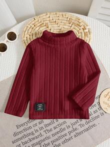 Baby Boy/Girl Basic High Neck High Elasticity Ribbed Brushed Thermal Fitted Long Sleeve Top, Suitable For Winter Layering - Burgundy - View 4