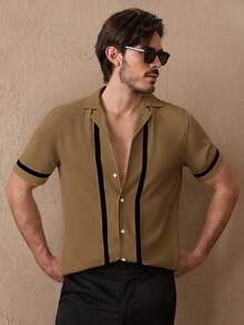 Manfinity VCAY Herren-Freizeithemd mit kontrastfarbenem, einreihigem Kurzarm-Design, ideal für Pendler und Freizeit. Auch in Schwarz und Khaki erhältlich. Herrenhemd in Hellbraun und Braun. Herrenhemd aus Seide. - Khaki - Übersicht 5