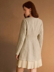 MOTF PREMIUM TWEED GLITTER KEYHOLE NECK CONTRAST PLEATED HEM BELTED SHORT DRESS - Gold - View 3