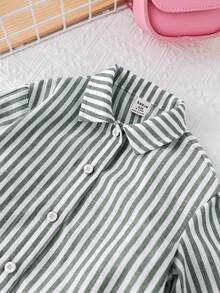 SHEIN LMoss Kids LMoss 女婴时尚可爱条纹长袖衬衫，适合外出和度假的百搭款式 - 綠色 - 查看 8