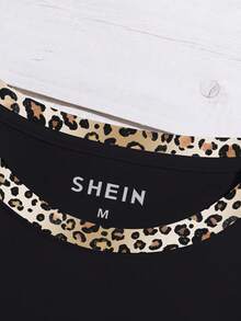 Resyla 加大码豹纹拼接蝴蝶结图案短袖T恤 - 黑色 - 查看 3