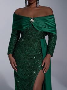 Glamrae Vestido de noche formal de lujo con hombros descubiertos, cuello romántico verde, decoración de diamantes, mangas largas, lentejuelas, abertura alta y bajo de sirena con drapeado lateral para tallas grandes