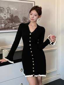 DAZY Vestido de punto con botones y ribete de bloques de color para mujer, otoño/invierno - Negro - Ver 2