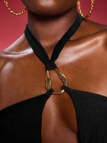 Normani Vestido Verão Feminino Sexy de Cor Sólida com Recorte Vazado e Costas Abertas com Fenda Alta - Preto - Visão 6