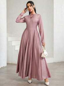 Veilorie Women's Elegant Solid Color Flared Arabic Style Dress - Dusty Pink - View 4