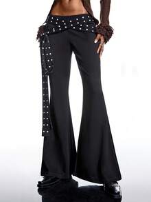 LYSMO Quần ống loe đính đinh tán chéo thời trang nữ - màu đen - Xem 4